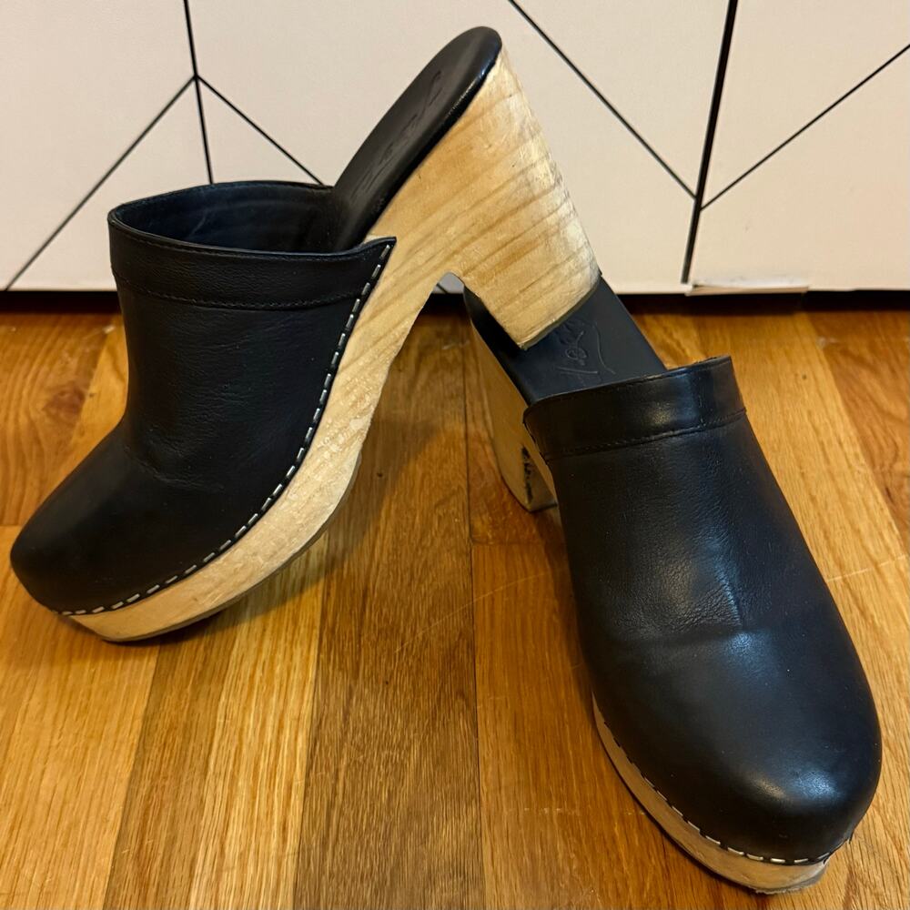 Free People Black Leather Clog Mules with Wood Platform
